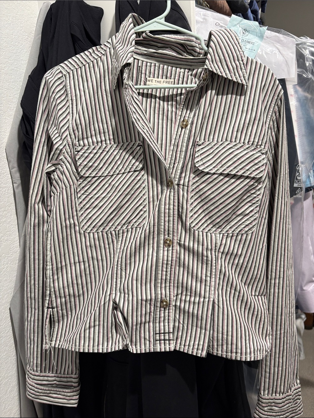 We The Free Cream Button-Front Striped Shirt Jacket with Black & Red Stripes